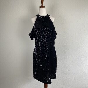 Boston Proper 16 Sequin Cocktail Dress Cold Shoulder Black Glam Sheath Short